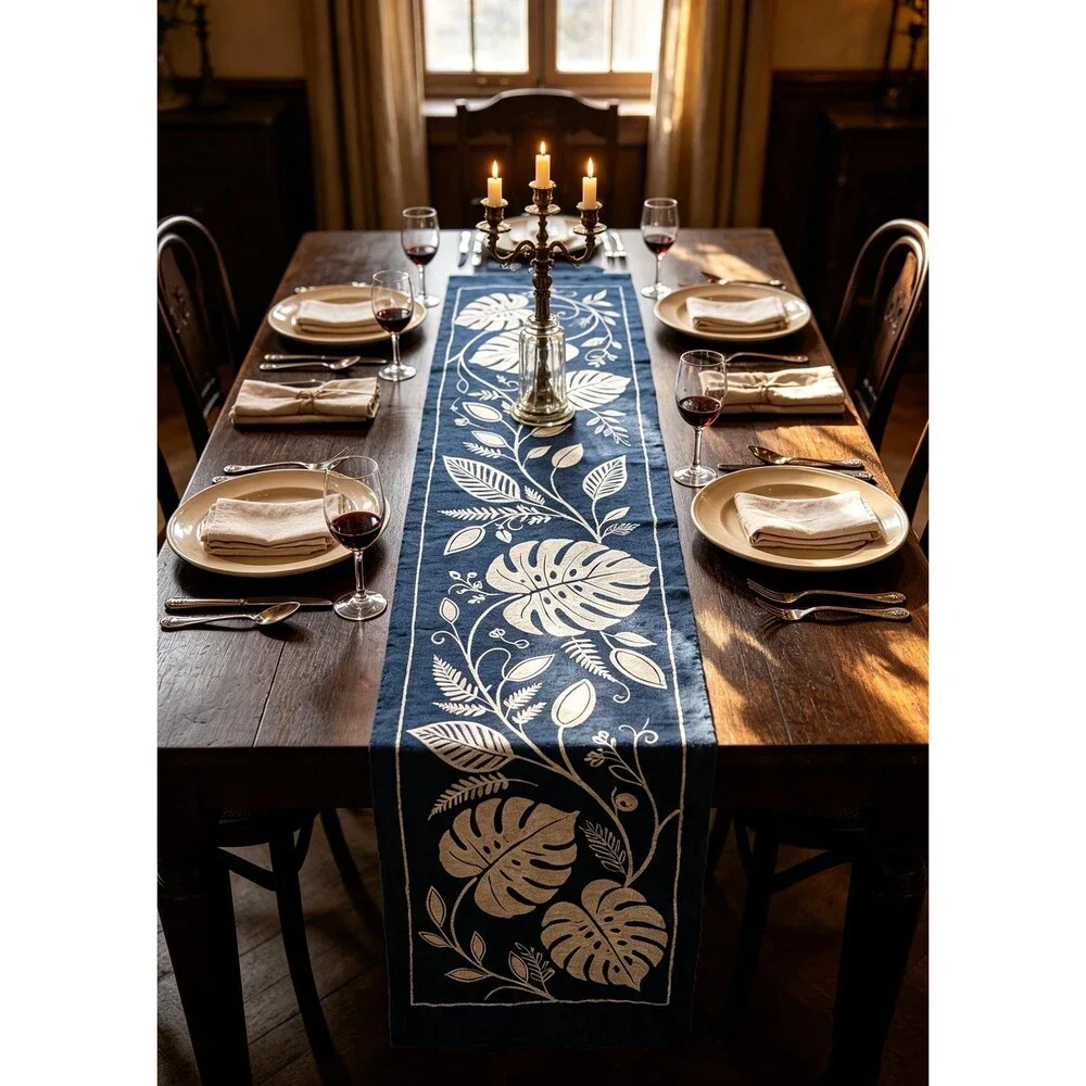 Handmade Indigo Batik Table Runner, Monstera Leaf Botanical Table Decor